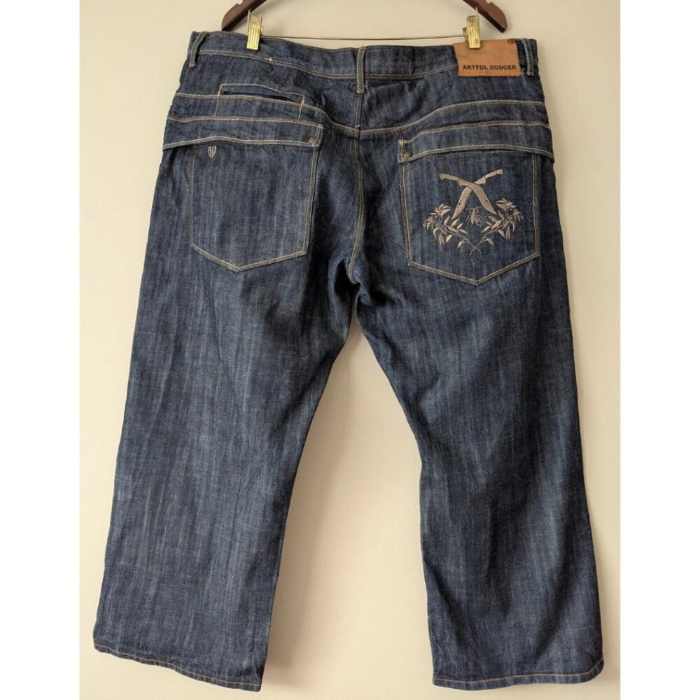ARTFUL DODGER Men's Blue Baggy Jeans Capri Shorts Knives Bugs Embroidered Size 4